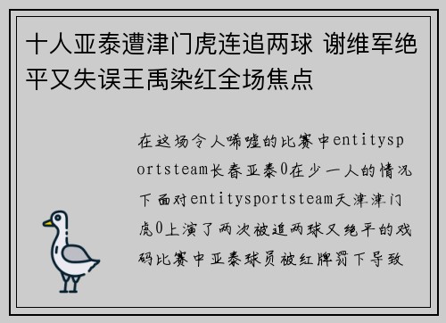 十人亚泰遭津门虎连追两球 谢维军绝平又失误王禹染红全场焦点